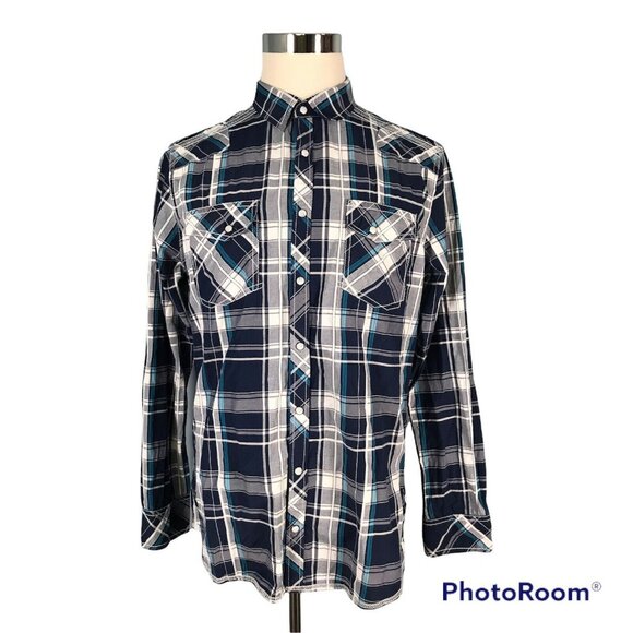 BKE Buckle Men's Shirt Standard Fit L Large Snap Up Plaid Blue Navy L/S - Picture 1 of 7